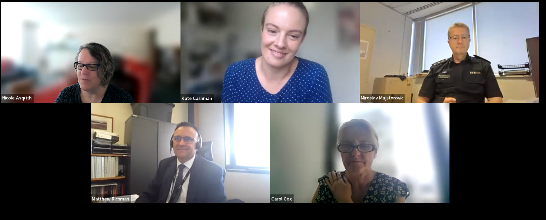 Screenshot of Zoom meeting. A gallery view of five people is pictured. The people are Nicole Asquith, Kate Cashman, Miro Majstorovic, Matthew Richman and Carol Cox. Nicole Asquith is speaking.